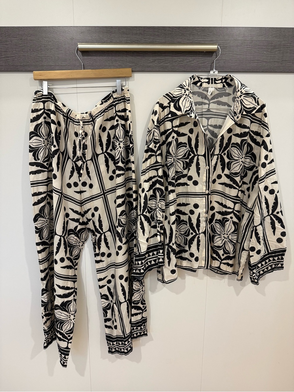 H&M Cream & Black Printed Wide-Leg Pants with Matching Shirt